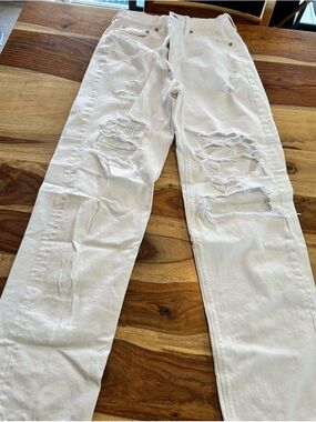 American Eagle Outfitters White Distressed Highest Rise Baggy Straight Jeans 6